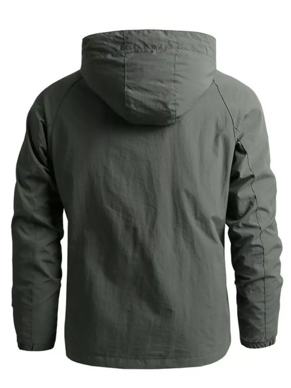 Men's plus size hooded zip jacket in army green, back view, casual style.
