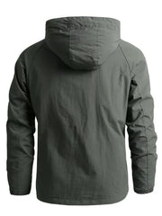 Men's plus size hooded zip jacket in army green, back view, casual style.