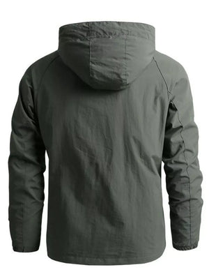 Men's plus size hooded zip jacket in army green, back view, casual style.