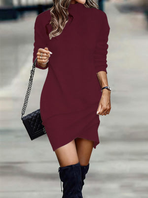 Burgundy turtleneck mini dress with asymmetrical hem and long sleeves.
