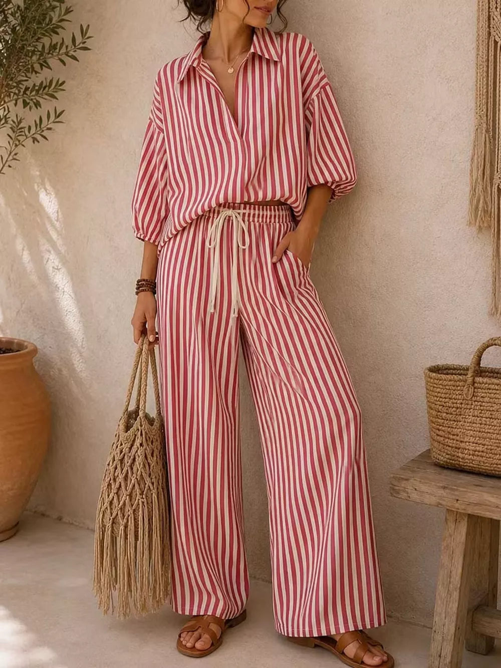 Striped Puff Sleeve Shirt And Wide-leg Pants Set in Khaki, alternate angle