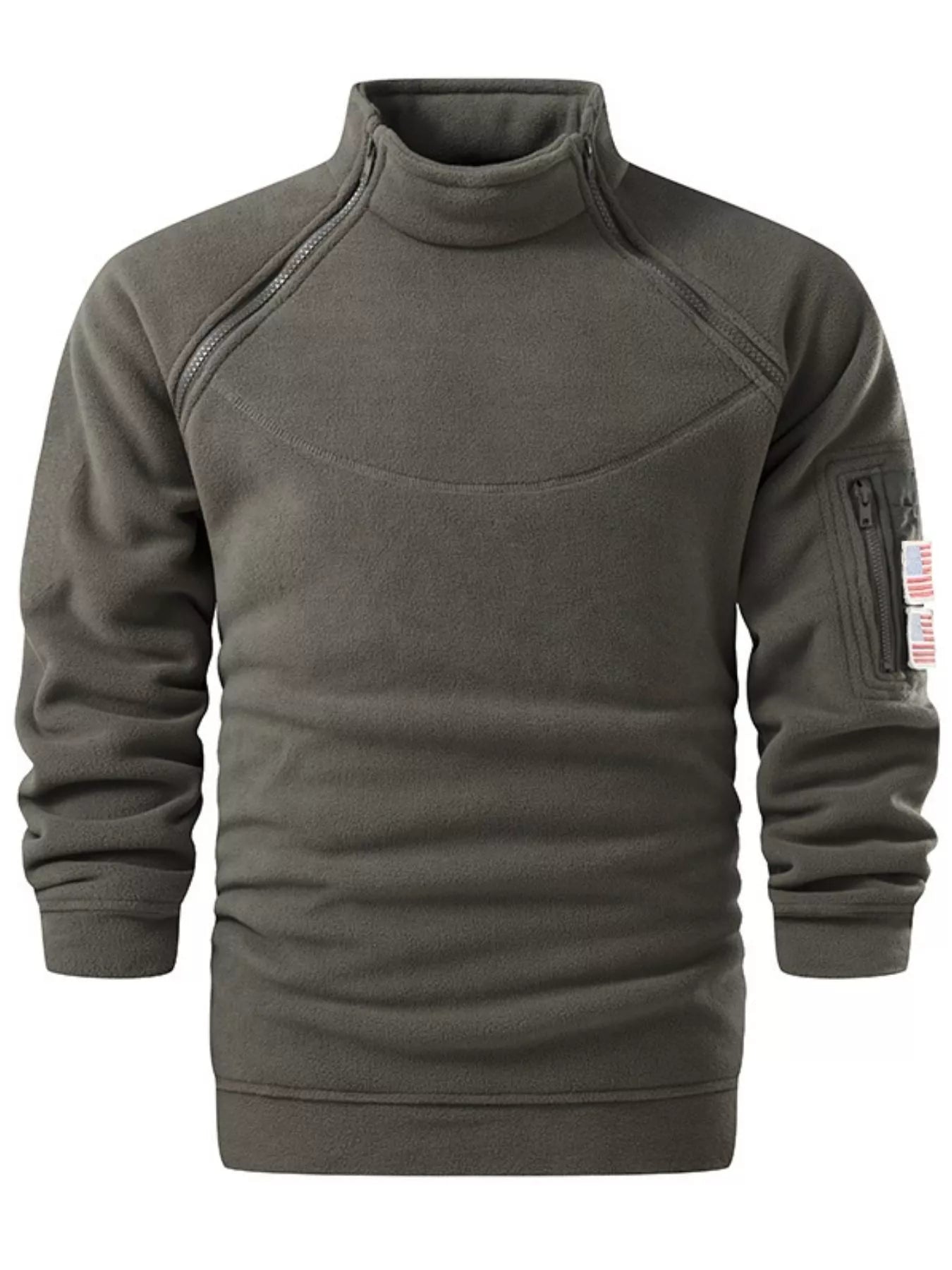 Military green fleece sweatshirt with mock neck, diagonal chest zippers, and zippered arm pocket with flag detail.