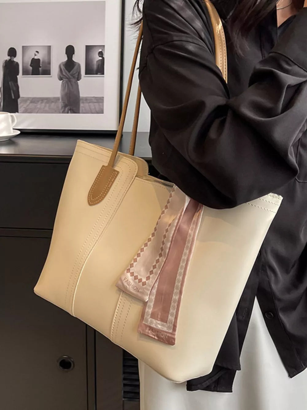 Elegant large white pu leather tote bag with a pink patterned scarf detail.