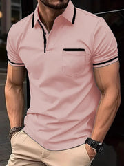 Dusty pink short sleeve polo with black trim on collar, pocket and sleeves.