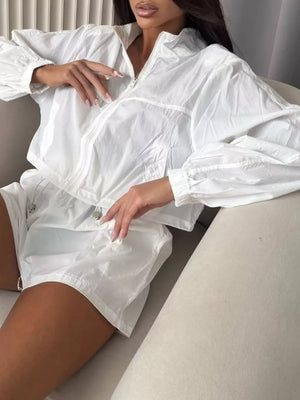 Zip Up Long Sleeve Outerwear And Shorts Set, model styling view