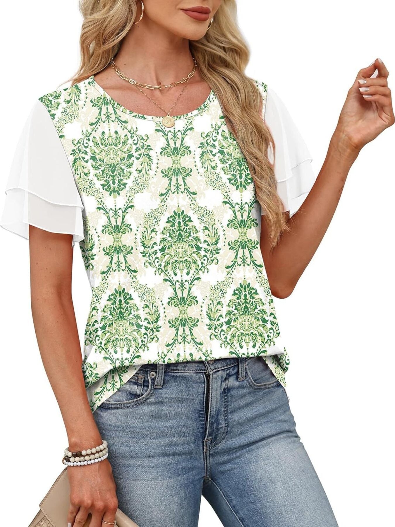 Green floral print t-shirt with white layered ruffled short sleeves and a crew neck.