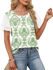 Green floral print t-shirt with white layered ruffled short sleeves and a crew neck.