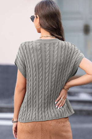 Light Gray cable knit cap sleeve top with textured knit pattern.