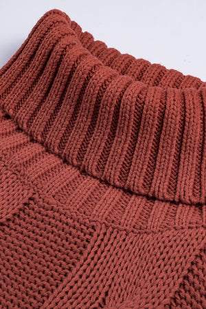 Cable knit turtleneck sweater in rust acrylic with a relaxed fit.
