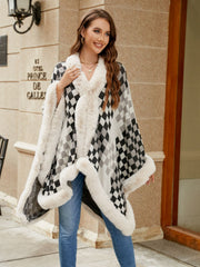 Diamond checkered poncho in charcoal with faux fur trim and collar.