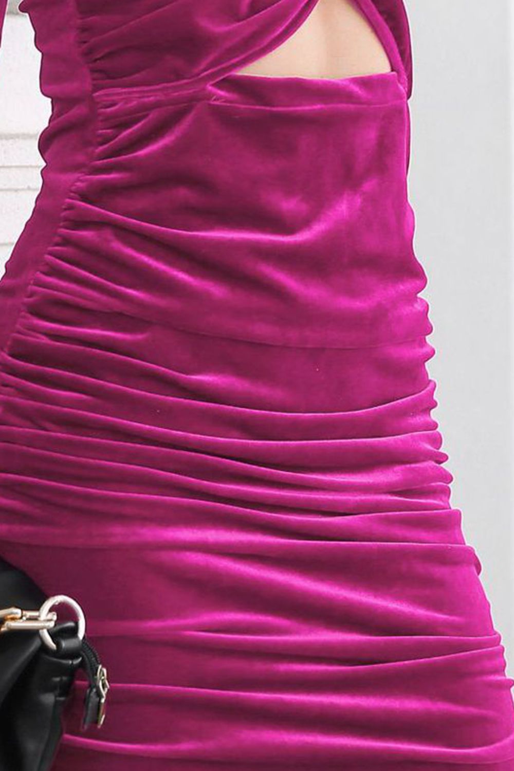 Hot Pink velvet ruched mini dress with cut-out detail and gold hardware purse detail.