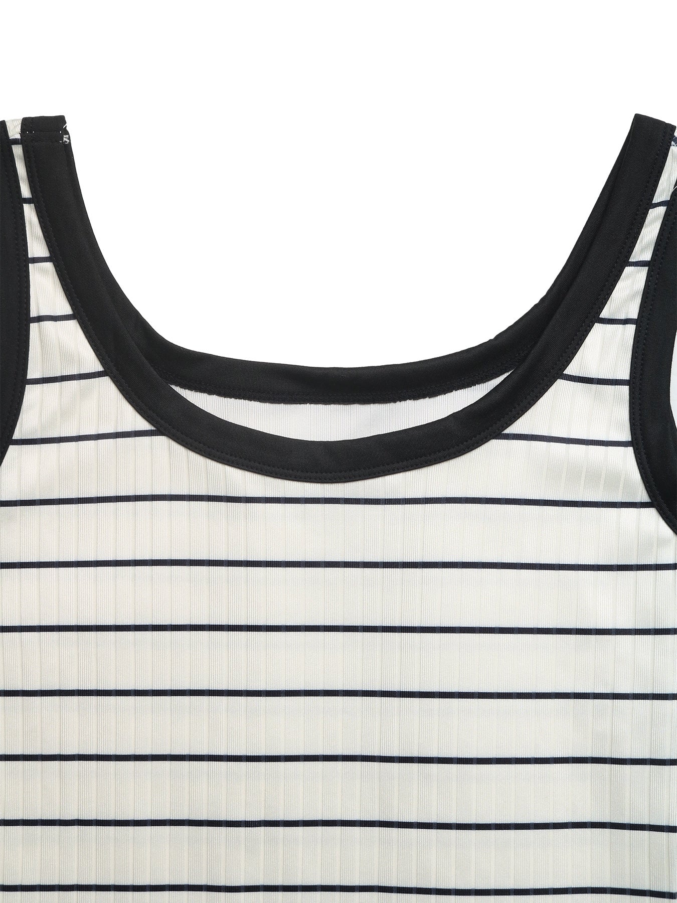 Sleeveless ribbed knit midi dress in cream with navy stripes and black trim.