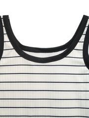 Sleeveless ribbed knit midi dress in cream with navy stripes and black trim.