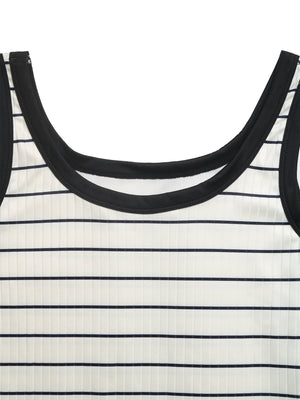 Sleeveless ribbed knit midi dress in cream with navy stripes and black trim.