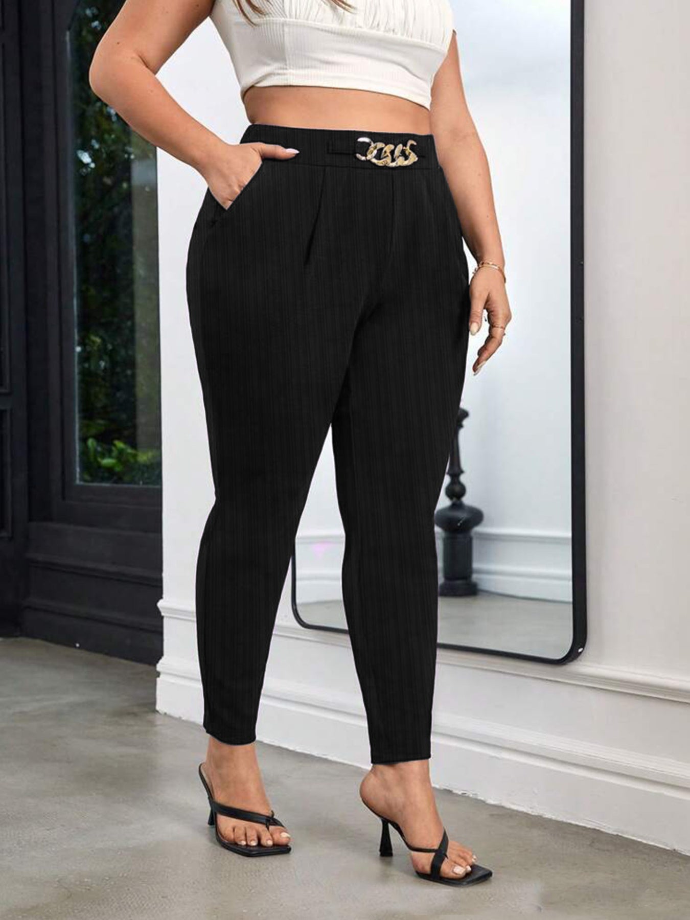 Black maternity pants with chain detail and ankle length