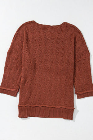 Textured diamond knit sweater in rust with relaxed fit and 3/4 sleeves.