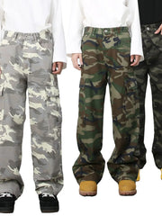 Wide-leg camo cargo pants in 100% cotton, available in gray, green, and black camouflage.