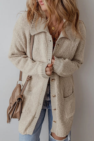 Textured knit collar cardigan in Dust Storm with button front and pockets.
