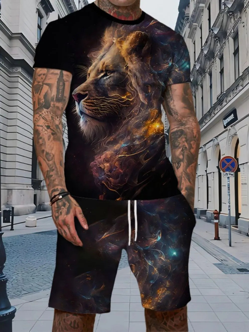 Men's Full Size Round Neck Tee And Shorts Set, fabric detail