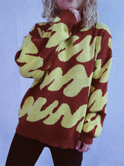 Graphic Wave Knit Sweater in Ochre and Dark Brown with crew neck and long sleeves.