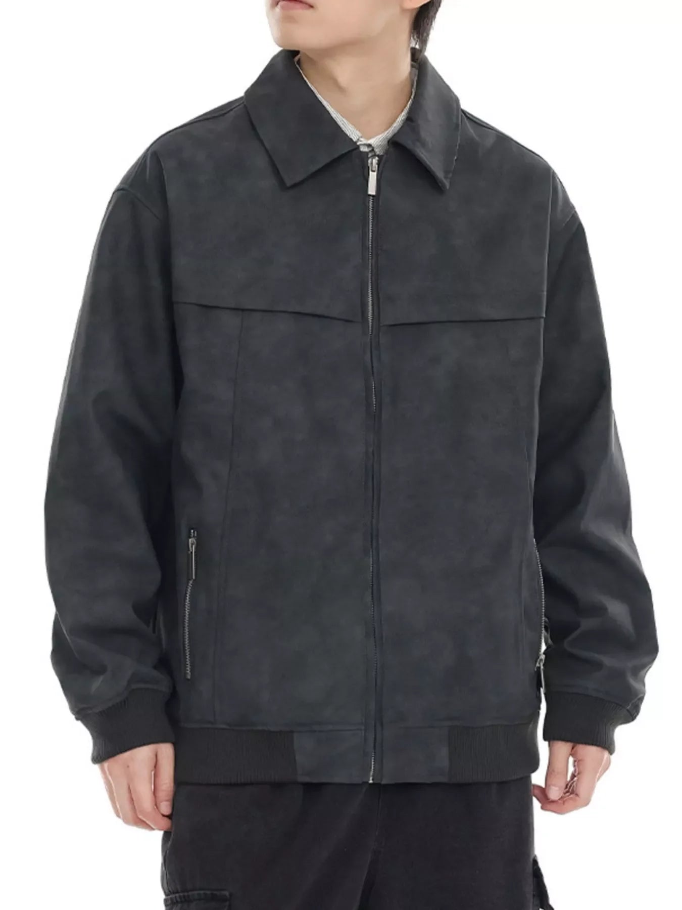 Gray bomber jacket with drop shoulders, zip front, and zippered pockets.