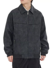 Gray bomber jacket with drop shoulders, zip front, and zippered pockets.