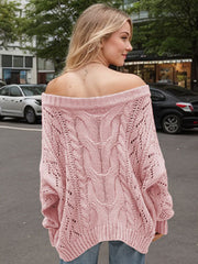 Dusty Pink cable knit off-shoulder sweater with slouchy fit and open knit details.