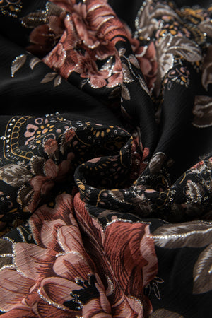 Black floral print blouse with metallic threads and blouson sleeve detail