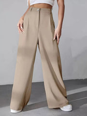 Khaki high-waisted pleated wide-leg maternity trousers with button detail