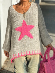 Gray knit v-neck sweater with a hot pink star and trim.