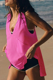 Oversized hot pink V-neck tank top with a chest pocket and relaxed fit.