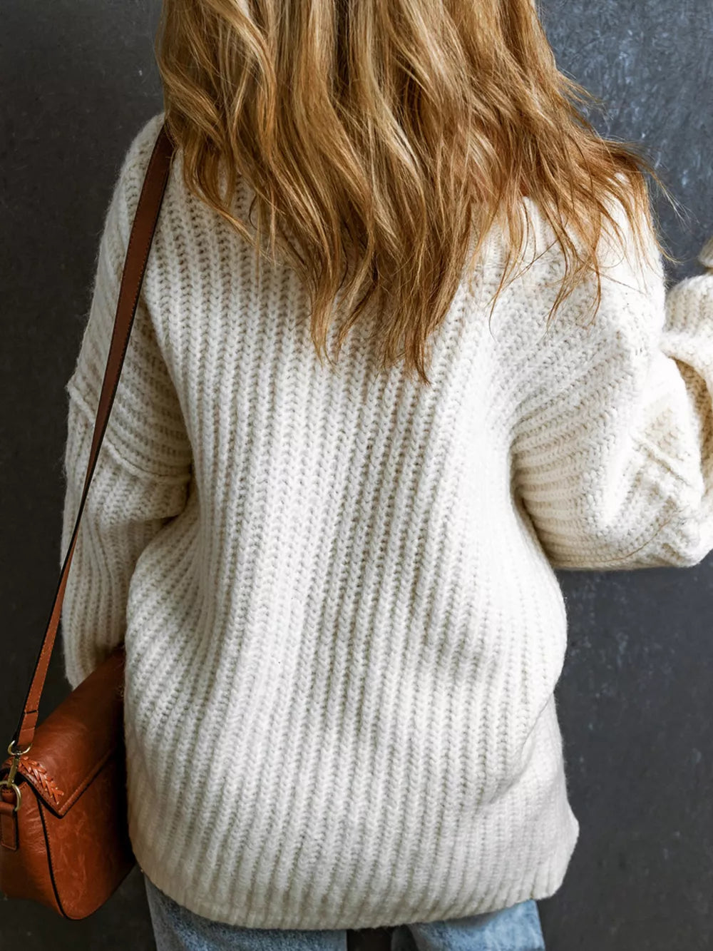 Ribbed Knit Round Neck Chunky Sweater in White, side view