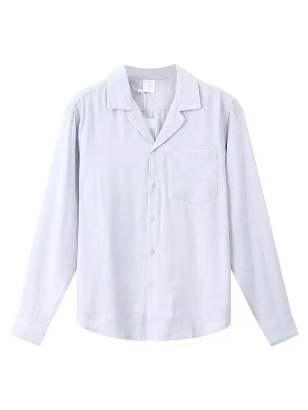 Relaxed camp collar button-up shirt in light blue with a chest pocket and buttoned cuffs.