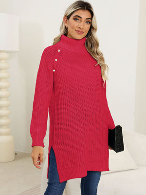 Deep Red ribbed turtleneck tunic with pearl buttons on shoulder, side slits.