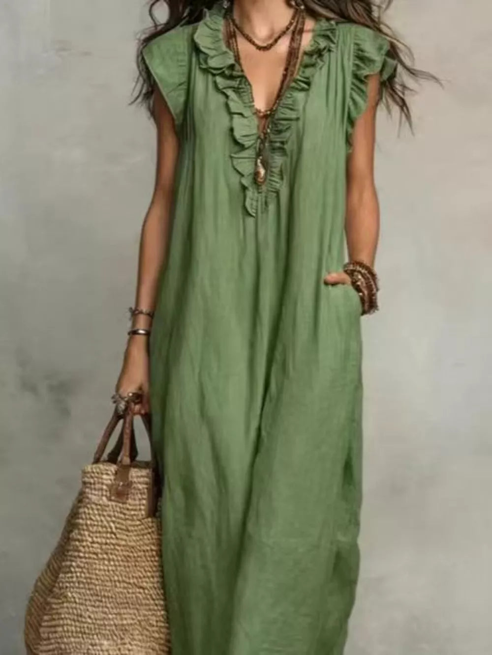 Bohemian Ruffle Neck Maxi Dress Plus Size in Blue, product detail