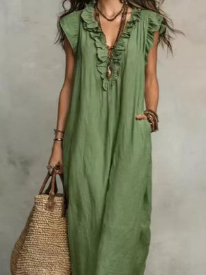 Bohemian Ruffle Neck Maxi Dress Plus Size in Blue, product detail