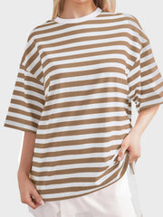 Oversized striped tee in taupe and white with dropped sleeves and a crew neck.