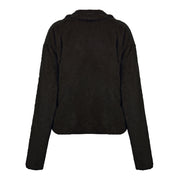 Faux fur biker jacket in chocolate brown with a collar and long sleeves.
