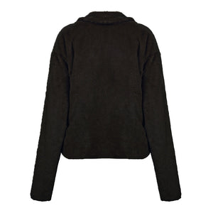 Faux fur biker jacket in chocolate brown with a collar and long sleeves.