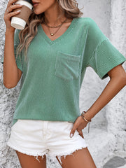 Mid Green ribbed V-neck t-shirt with white stripes and a chest pocket.