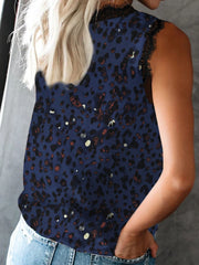 Dark Blue leopard print camisole with black lace trim neckline and armholes
