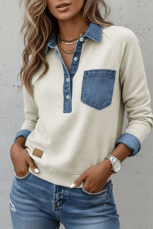 Denim Collar Patchwork Long Sleeve Shirt in Light Gray, front view