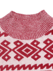 Red and white patterned round-neck long-sleeve sweater with a textured knit neckline.