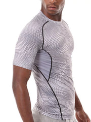 Men's short sleeve compression t-shirt in dark gray with snake print and black accents.