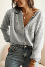 Gray lace-effect knit button-down cardigan with pearl buttons and V-neck
