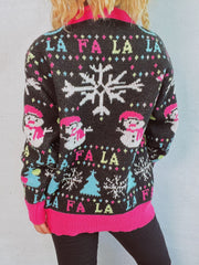 Black acrylic knit sweater with festive snowman, snowflake, and tree pattern, and "Fa La La" text.