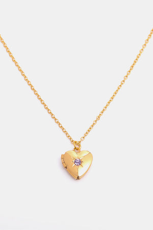 Gold heart locket necklace with purple gemstone and 14k gold chain
