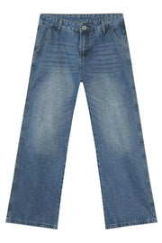 Medium wash denim jeans with a straight leg and pocket details.