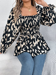 Black and cream print smocked bodice square neck blouse with ruffled cuffs