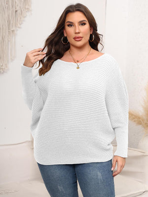 White ribbed knit off-shoulder sweater with batwing sleeves and a relaxed cocoon fit.